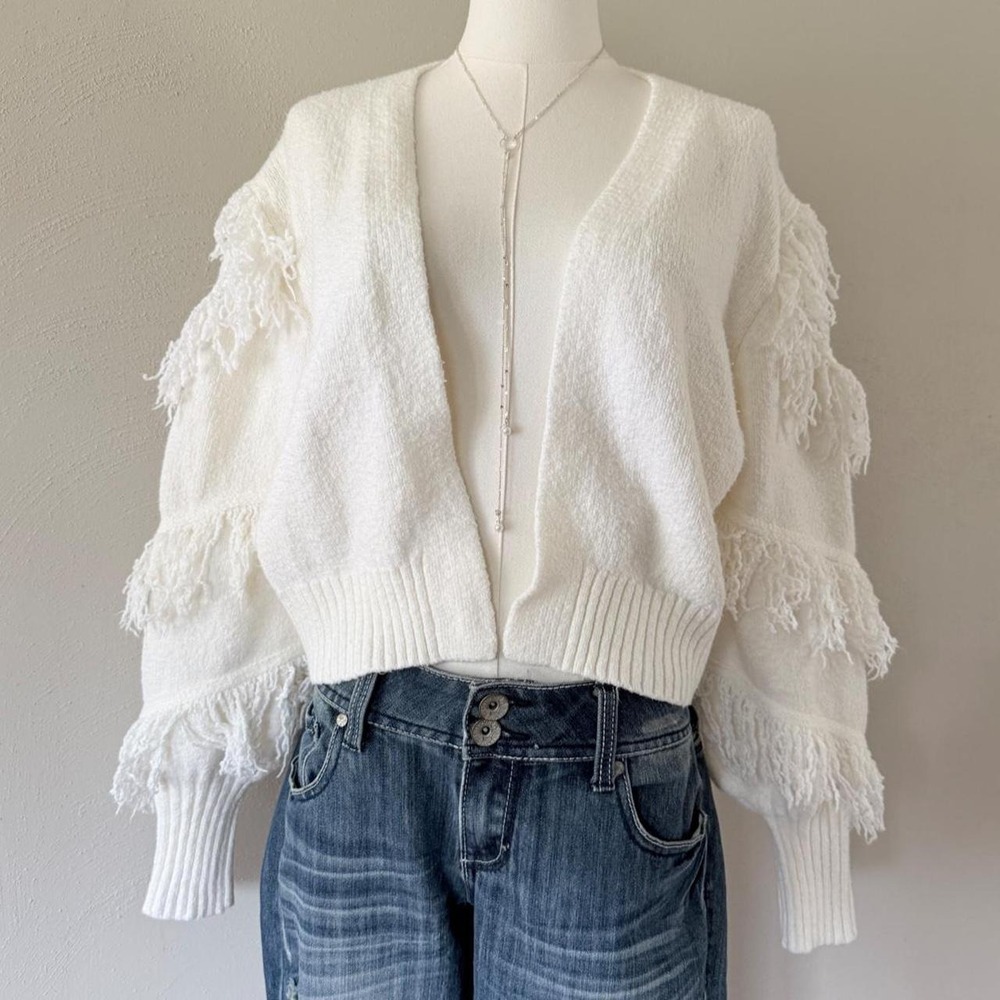 Cato Women's Large Ivory Fringe Open Front Cropped Cardigan